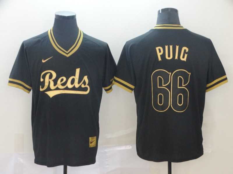 Reds 66 Yasiel Puig Black Gold Nike Cooperstown Collection Legend V Neck Jersey (1),We sell and wholesale Reds 66 Yasiel Puig Black Gold Nike Cooperstown Collection Legend V Neck Jersey (1) on line form chian!